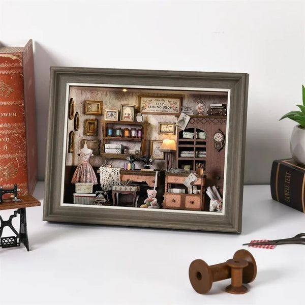 DIY 3D-ramka na zdjęcia zestaw do budowy - Pracownia krawiecka Lily | Miniaturowe diorama