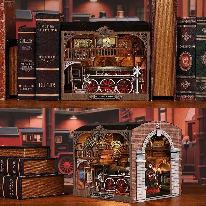 3D Holz Puzzle Book Nook - Estación de Reparación de Trenes