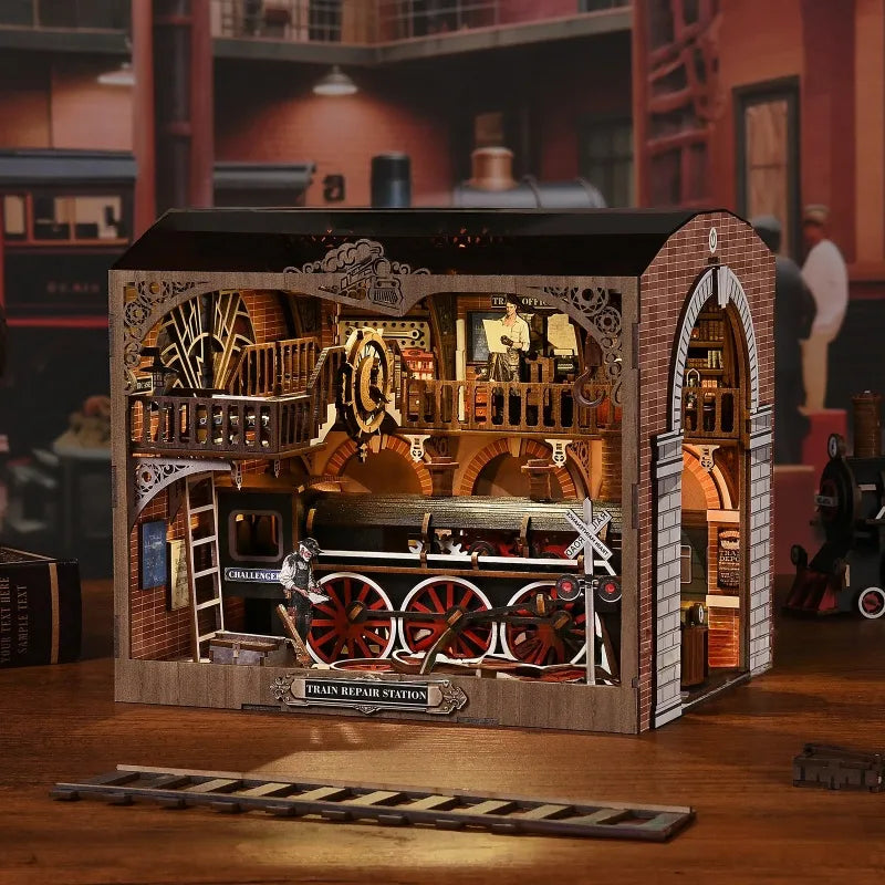 3D Holz Puzzle Book Nook - Estación de Reparación de Trenes