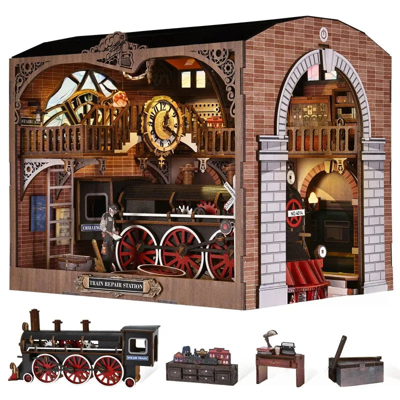 3D Holz Puzzle Book Nook - Estación de Reparación de Trenes