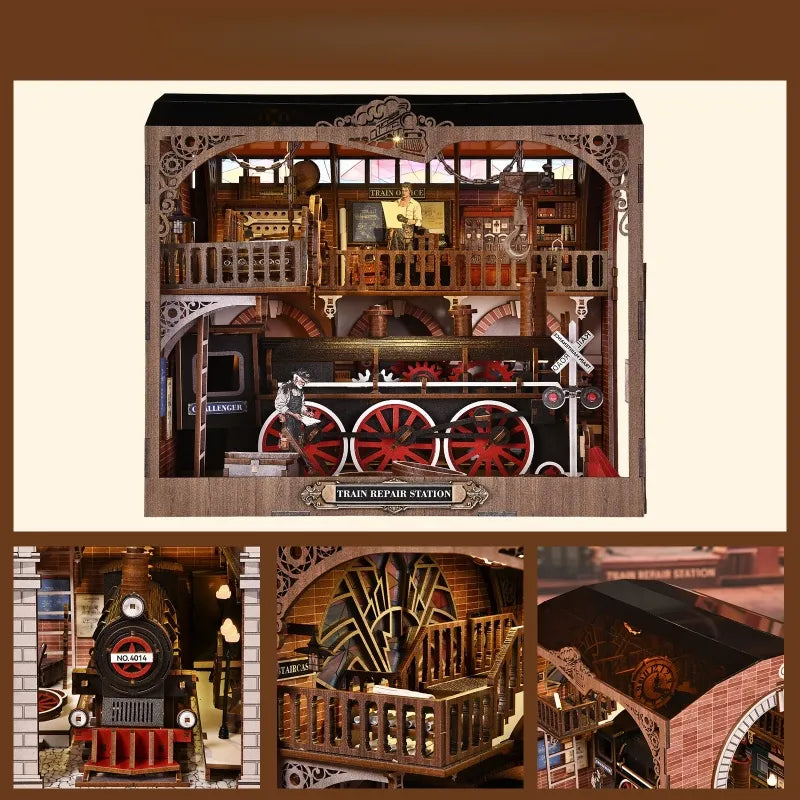 3D Holz Puzzle Book Nook - Estación de Reparación de Trenes